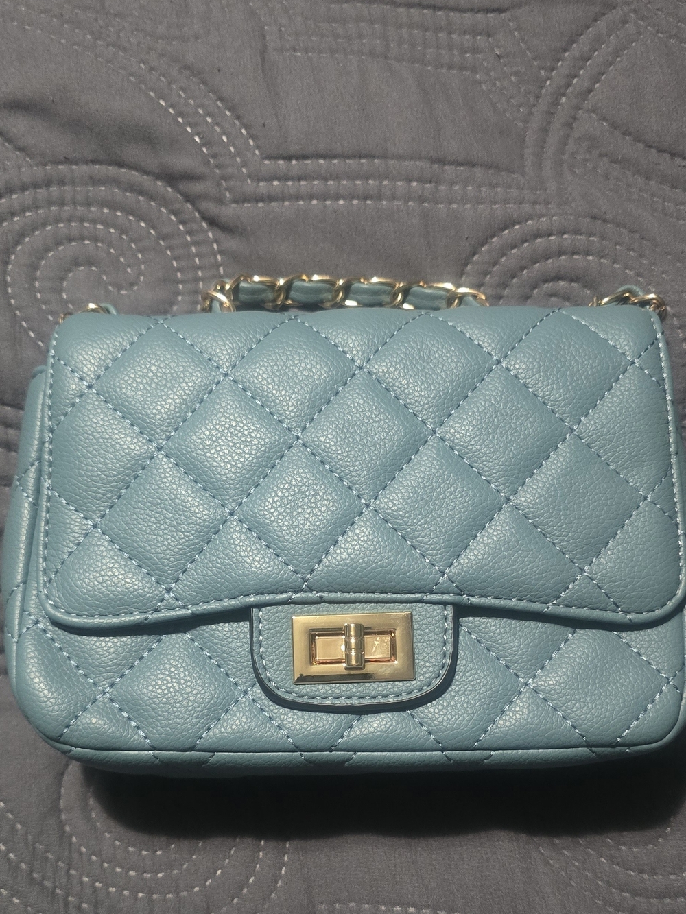 Quilted Leather Crossbody Bag in Light Teal with Gold Chain